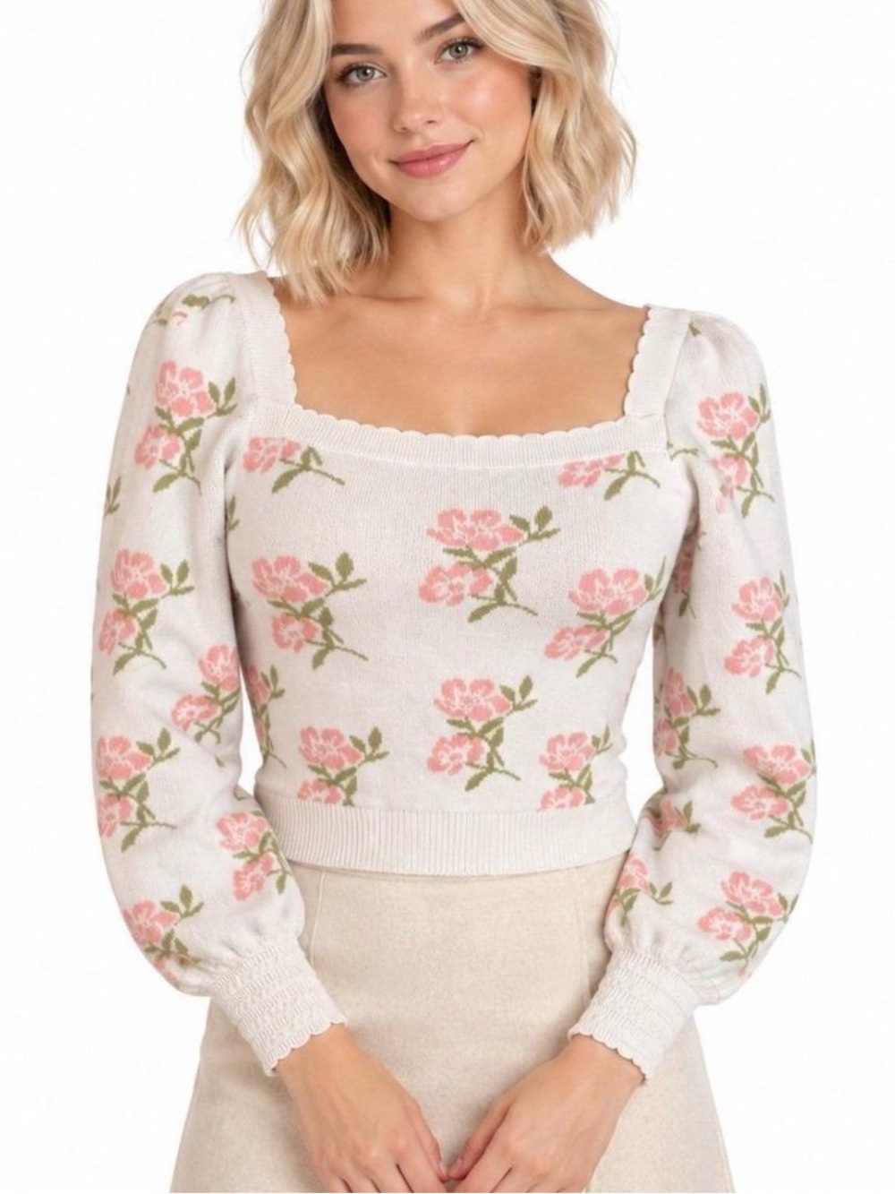Rose Floral Puff Sleeve Coquette Girl Square Neck Sweater XS